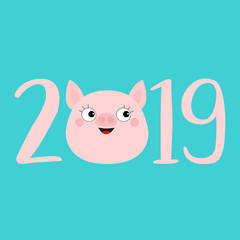 2019 pink text. Cute pig face head. Piggy piglet. Happy New Year Chinise symbol. Cartoon funny kawaii smiling baby character. Flat design. Blue background. Isolated.