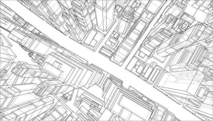 Fototapeta na wymiar Wire-frame City, Blueprint Style. Vector