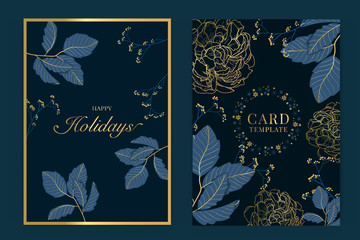 Happy holidays card template with Navy blue and Golden leaf