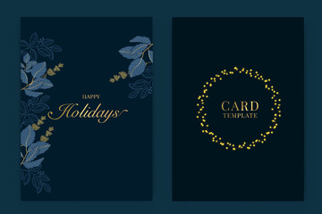 Fototapeta na wymiar Happy holidays card template with Navy blue and Golden leaf