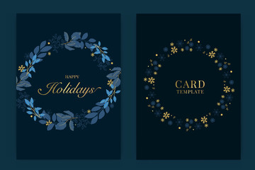 Happy holidays card template with Navy blue and Golden leaf