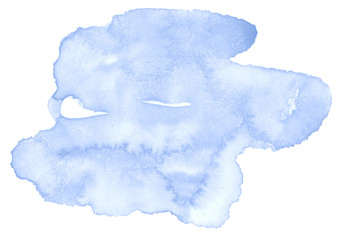 Blue pastel watercolor hand-drawn isolated wash stain on white background for text, design. Abstract texture made by brush for wallpaper, label.;