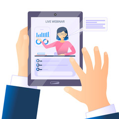 Hands holding digital tablet device with live webinar