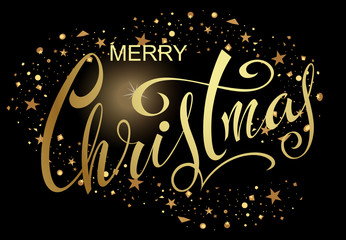 Merry Christmas! Festive congratulatory poster with a lettering on a black background with gold stars.