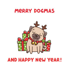 Сute dog breed pug with deer horns and bells with gifts. Merry Dogmas it's funny wordplay Merry Christmas and Dog. It can be used for sticker, patch, phone case, poster, t-shirt, mug and other design.