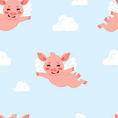 Cute seamless pattern with little flying pigs and clouds. Cartoon character of sign of year 2019. Vector illustration