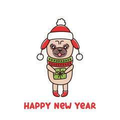 Сute dog breed pug in hat and scarf, is holding a gift. It can be used for sticker, patch, phone case, poster, t-shirt, mug and other design.