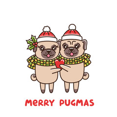 Couple in love of dogs pug breed, hug in identical hats and scarves, with heart in hand. Merry Pugmas it's funny wordplay Merry Christmas and Pug. 