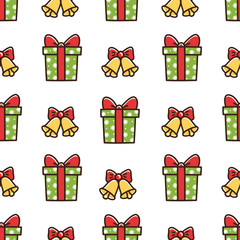 Cute seamless pattern with Christmas box gift and bells. It can be used for packaging, wrapping paper, textile and etc.