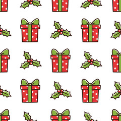 Cute seamless pattern with Christmas box gift and mistletoe. It can be used for packaging, wrapping paper, textile and etc.