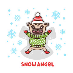 Сute dog breed pug in a fair isle sweater and hat, laying on the snow making a snow angel.  It can be used for sticker, patch, phone case, poster, t-shirt, mug and other design.