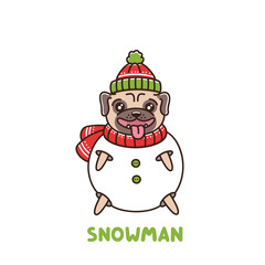 Сute dog breed pug dressed as a snowman in a hat and scarf. It can be used for sticker, patch, phone case, poster, t-shirt, mug and other design.