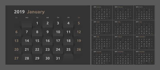 The calendar for the 2019 new year printable. 3d paper