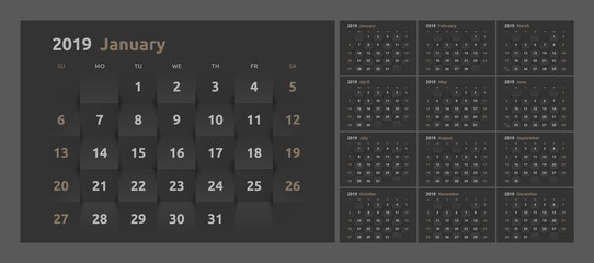 The calendar for the 2019 new year printable. 3d paper