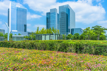 modern office buildings with green