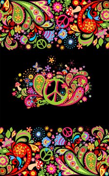 Fashionable print with colorful floral seamless border and hippie peace flowers symbol for shirt design and hippy party poster on black background