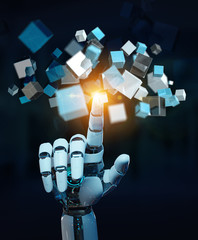 White cyborg hand using blue digital cube structure 3D rendering