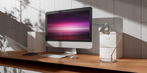 Computer and devices on modern wooden desk interior 3D rendering