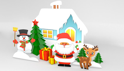 3d rendering paper cut house of santa claus and deer snowman figurines christmas holiday