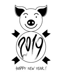 Happy New Year! Pig, the symbol of 2019. Hand drawing by brush. Logo, emblem. Vector image.