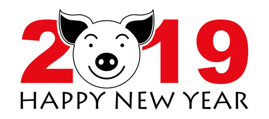 Pig. Happy New Year! Symbol of the year 2019. Logo. Vector image.