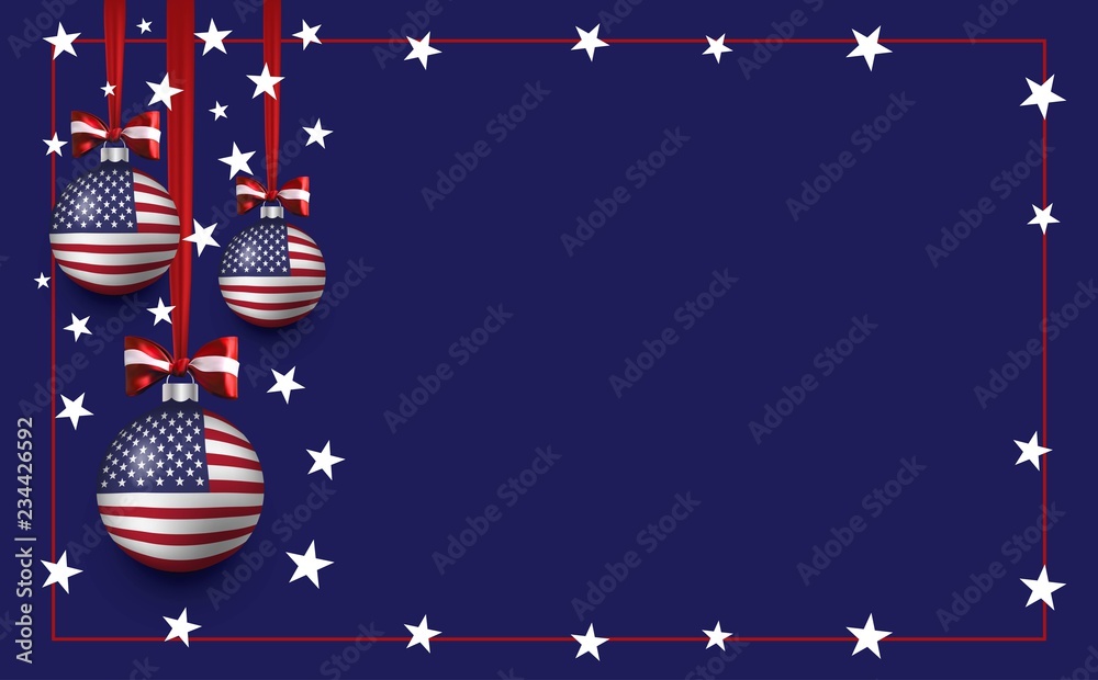 Wall mural vector christmas and new year template background with balls and american flag. usa patriotic christ