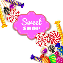 Candy Sweet Shop background set of different colors of candy, candy, sweets, candy, jelly beans. Template, poster, banner, vector, isolated, cartoon style
