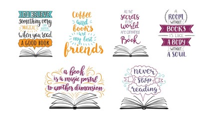 Set of hand drawn quotes about reading and books. Vector motivation lettering