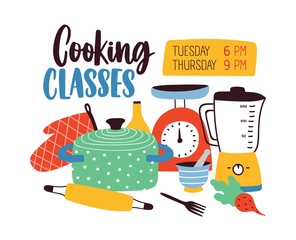 Banner template with kitchenware or kitchen utensils for cooking or food preparation. Colored vector illustration in modern flat style for culinary classes or lessons advertisement, promotion.