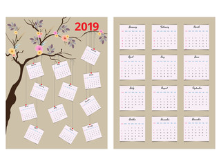 2019 calendar tree design, set of 12 months template with illustration of floral branches.