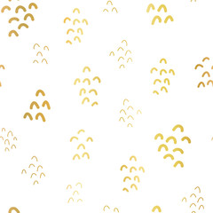 Hand drawn doodle shapes gold foil seamless vector background. Modern elegant simple pattern. Golden metallic shapes on white. For page fill, banner, packaging, decoration, invitation, cards, paper
