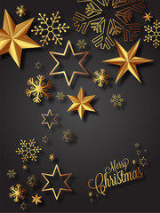 Merry Christmas greeting card design decorated with golden stars and snowflakes on glossy black background.