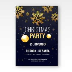 Christmas party template or flyer design decorated with golden snowflakes on black background can be used as invitation card design.