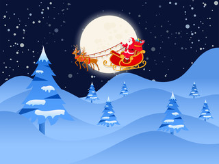 Merry Christmas festival celebration concept, illustration of flying santa sleigh with happy santa clause on fullmoon winter night background.