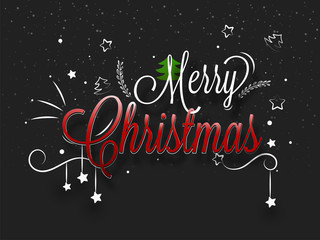 Creative lettering of Merry Christmas decorated with stars on black background can used as festival celebration greeting card design.