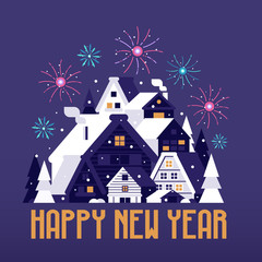 Happy New Year card with winter village and fireworks. Snowy Christmas houses flat landscape congratulation postcard with Alp countryside and cozy winter cabins by falling snow.