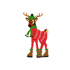 Happy Christmas cute deer in a cap and scarf isolated on white background. Great for Christmas and New Year posters, banners, gift tags and labels.