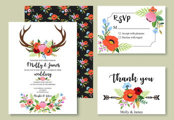 Wedding graphic set in the bohemian style. Collection of wedding invitation, thank you card, rsvp with floral antlers, flowers, leaves and other hand drawn vintage elements. Boho chic design. Vector