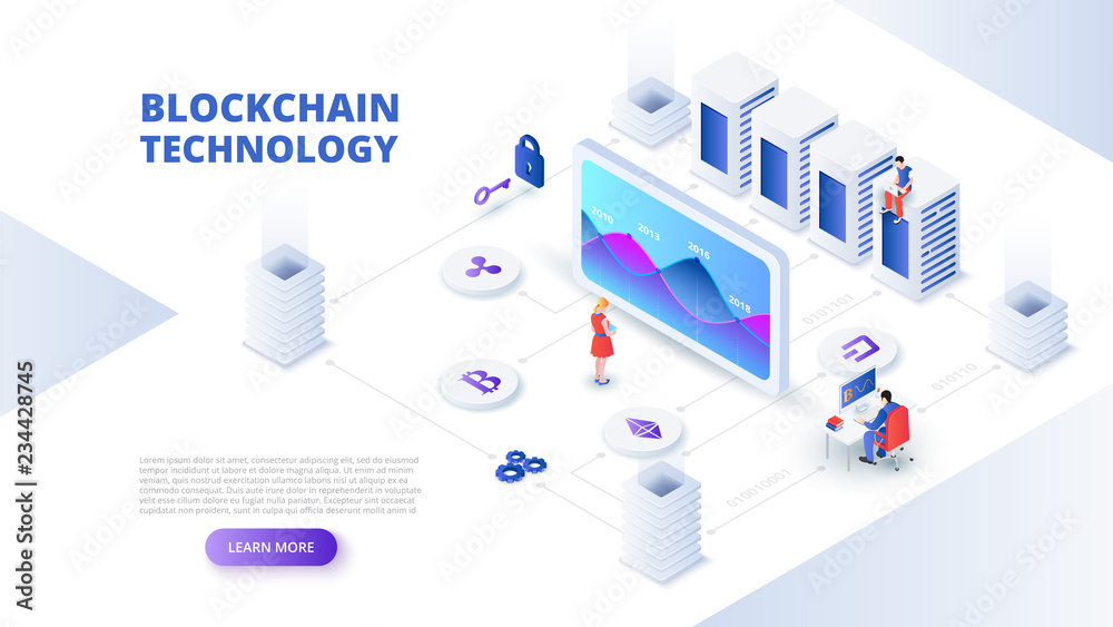 Poster blockchain and cryptocurrency design concept with people. isometric vector illustration. landing pag