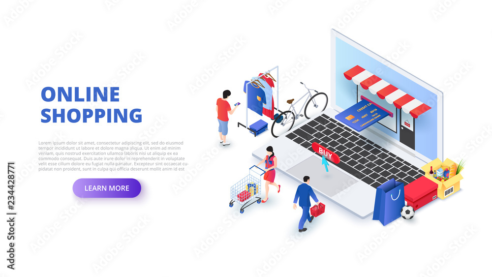 Poster online shopping design concept with people and laptop. isometric vector illustration. landing page t
