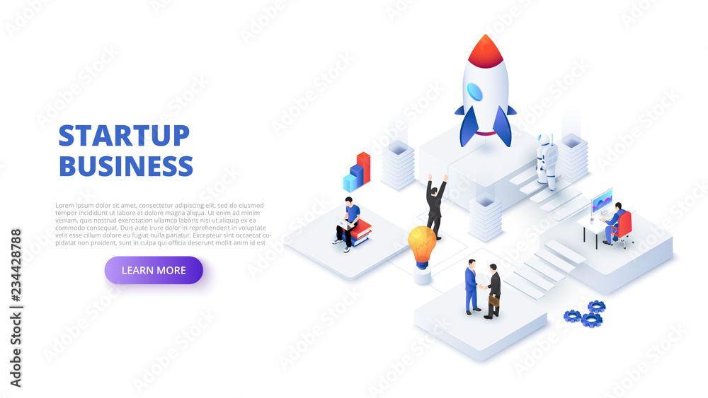 Aufkleber startup business design concept with people, rocket and astronaut. isometric vector illustration. la