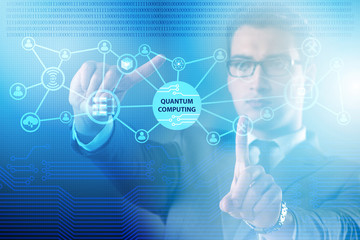 Businessman pressing virtual button in quantum computing concept