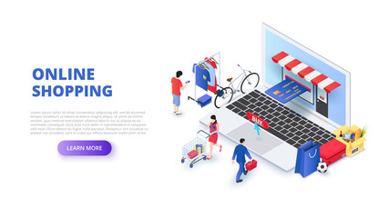 Online shopping design concept with people and laptop. Isometric vector illustration. Landing page template for web.