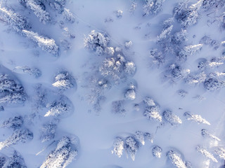 Aerial drone view winter mountains forest and road.