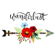 Ethnic arrow with floral bouquet. Hand drawn wanderlust word, bohemian flowers, leaves, herbs. Vector vintage illustration, lettering for traveling and summer design - 234428921