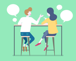 Flat style couple talking to each other on bar stools with chat bubble illustration