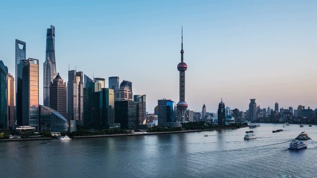 Panning Shot, China Shanghai Skyline, Day to Night TimeLapse.