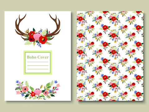 Graphic set of floral antler and bohemian flowers. Cover template with deer horns and floral pattern. Rustic wedding card, poster, banner, brochure, notepad, sketchbook design. Vector boho collection