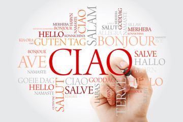 Ciao (Hello Greeting in Italian) word cloud in different languages of the world with marker, background concept