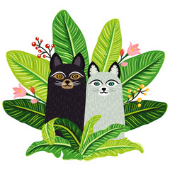 Two cute cats sitting among greenery. Summer pattern with fluffy kitten and tropical leaves. Vector cat art